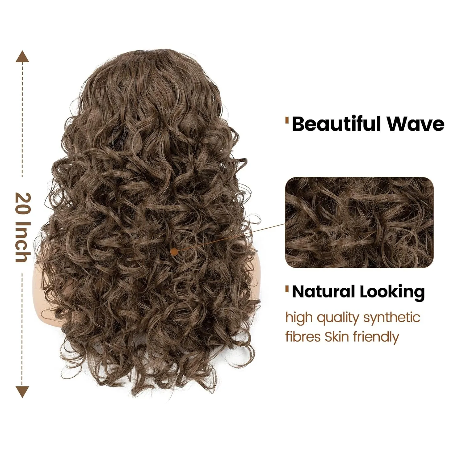 Flufymooz Curly Wig with Bangs for Black Women, 20 Inch Chestnut Brown Curly Gorgeous Shag Hair Wig, Kinky Curls with Wispy Bangs Heat Resistant Soft Synthetic Hair for Women Party Cosplay