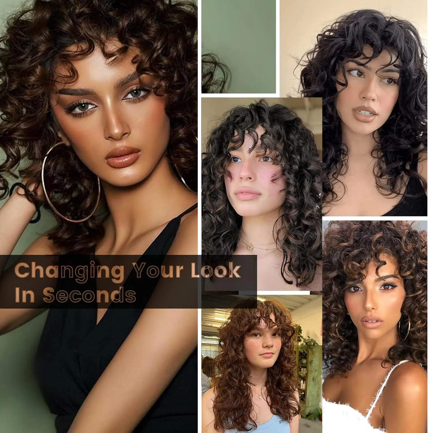 Flufymooz Curly Wig with Bangs for Black Women, 20 Inch Chestnut Brown Curly Gorgeous Shag Hair Wig, Kinky Curls with Wispy Bangs Heat Resistant Soft Synthetic Hair for Women Party Cosplay