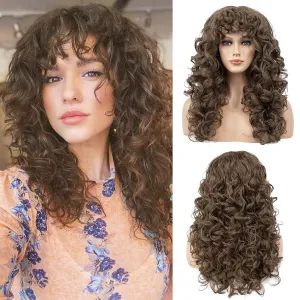 Flufymooz Curly Wig with Bangs for Black Women, 20 Inch Chestnut Brown Curly Gorgeous Shag Hair Wig, Kinky Curls with Wispy Bangs Heat Resistant Soft Synthetic Hair for Women Party Cosplay