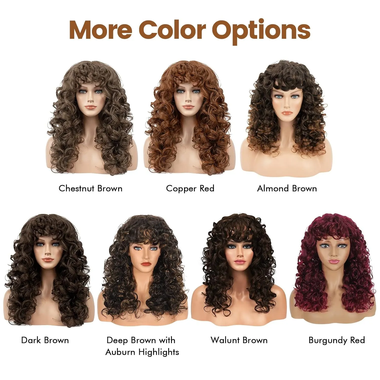 Flufymooz Curly Wig with Bangs for Black Women, 20 Inch Chestnut Brown Curly Gorgeous Shag Hair Wig, Kinky Curls with Wispy Bangs Heat Resistant Soft Synthetic Hair for Women Party Cosplay