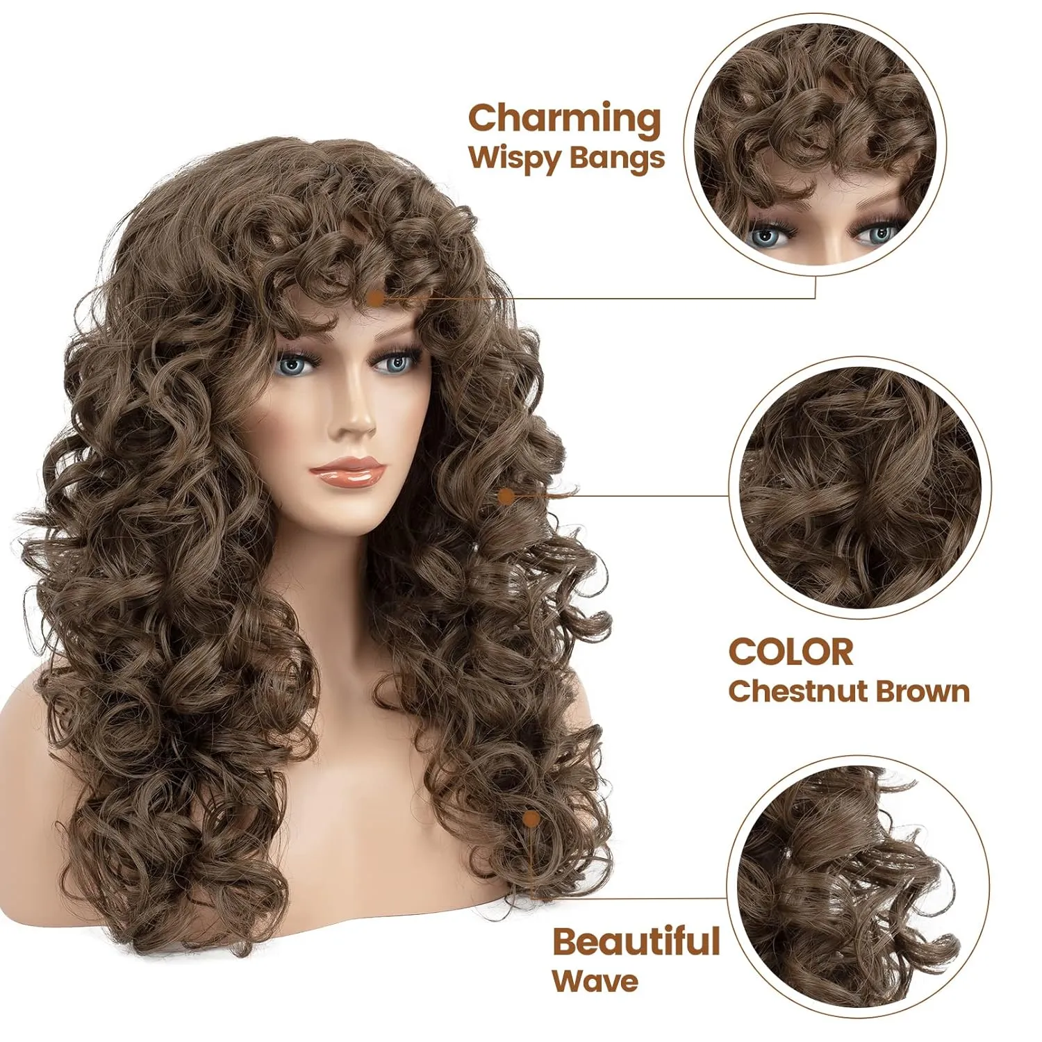 Flufymooz Curly Wig with Bangs for Black Women, 20 Inch Chestnut Brown Curly Gorgeous Shag Hair Wig, Kinky Curls with Wispy Bangs Heat Resistant Soft Synthetic Hair for Women Party Cosplay