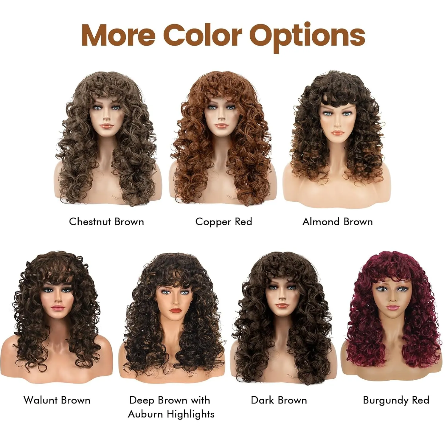 Flufymooz Curly Wig with Bangs for Black Women, 20 Inch Walnut Brown Curly Gorgeous Shag Hair Wig, Kinky Curls with Wispy Bangs Synthetic Wig for Women Party Cosplay