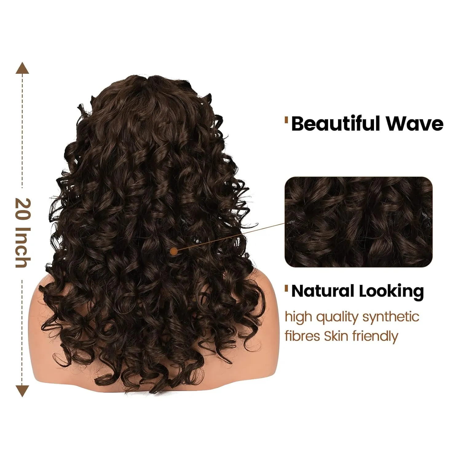 Flufymooz Curly Wig with Bangs for Black Women, 20 Inch Walnut Brown Curly Gorgeous Shag Hair Wig, Kinky Curls with Wispy Bangs Synthetic Wig for Women Party Cosplay