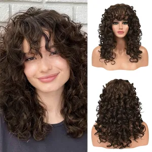 Flufymooz Curly Wig with Bangs for Black Women, 20 Inch Walnut Brown Curly Gorgeous Shag Hair Wig, Kinky Curls with Wispy Bangs Synthetic Wig for Women Party Cosplay
