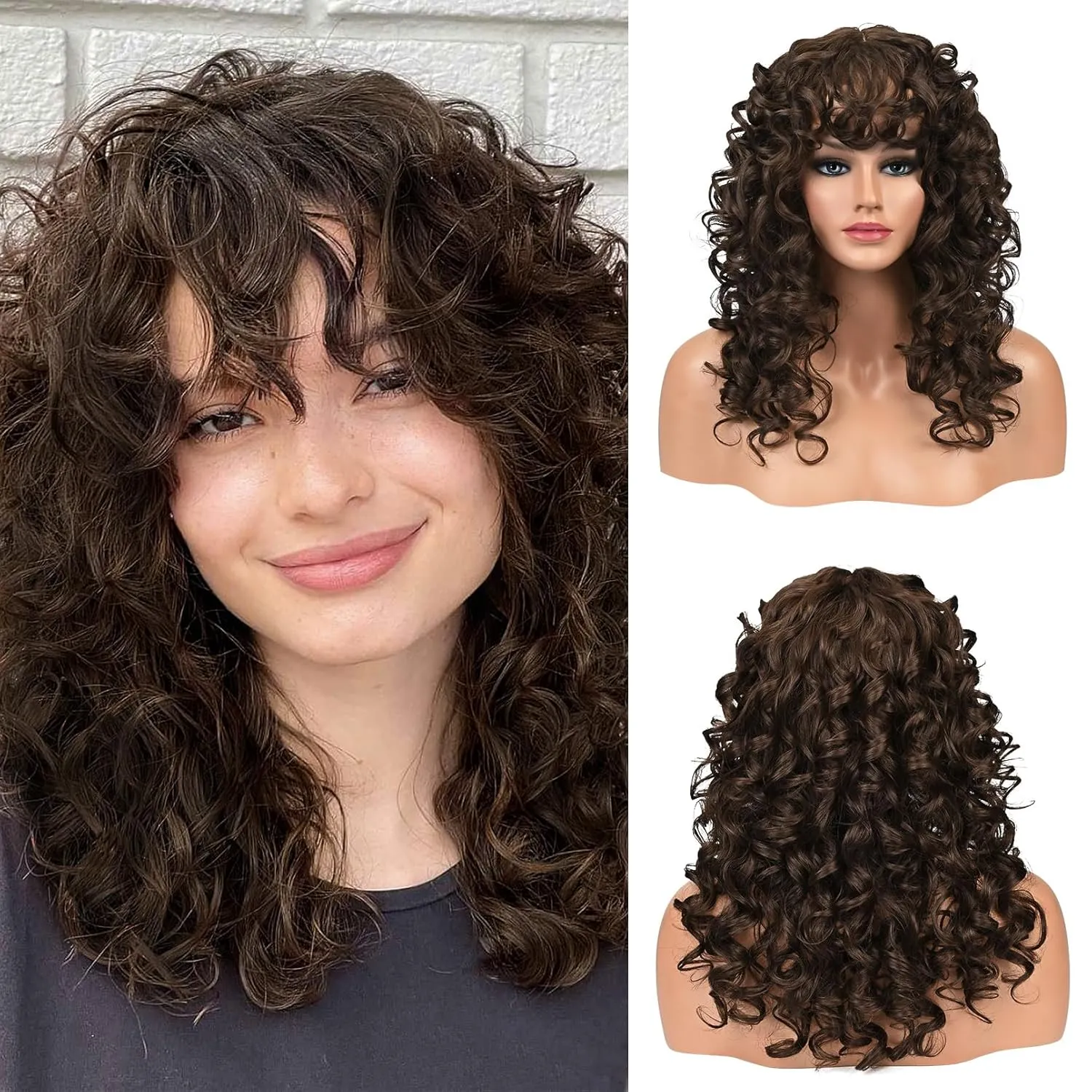 Flufymooz Curly Wig with Bangs for Black Women, 20 Inch Walnut Brown Curly Gorgeous Shag Hair Wig, Kinky Curls with Wispy Bangs Synthetic Wig for Women Party Cosplay