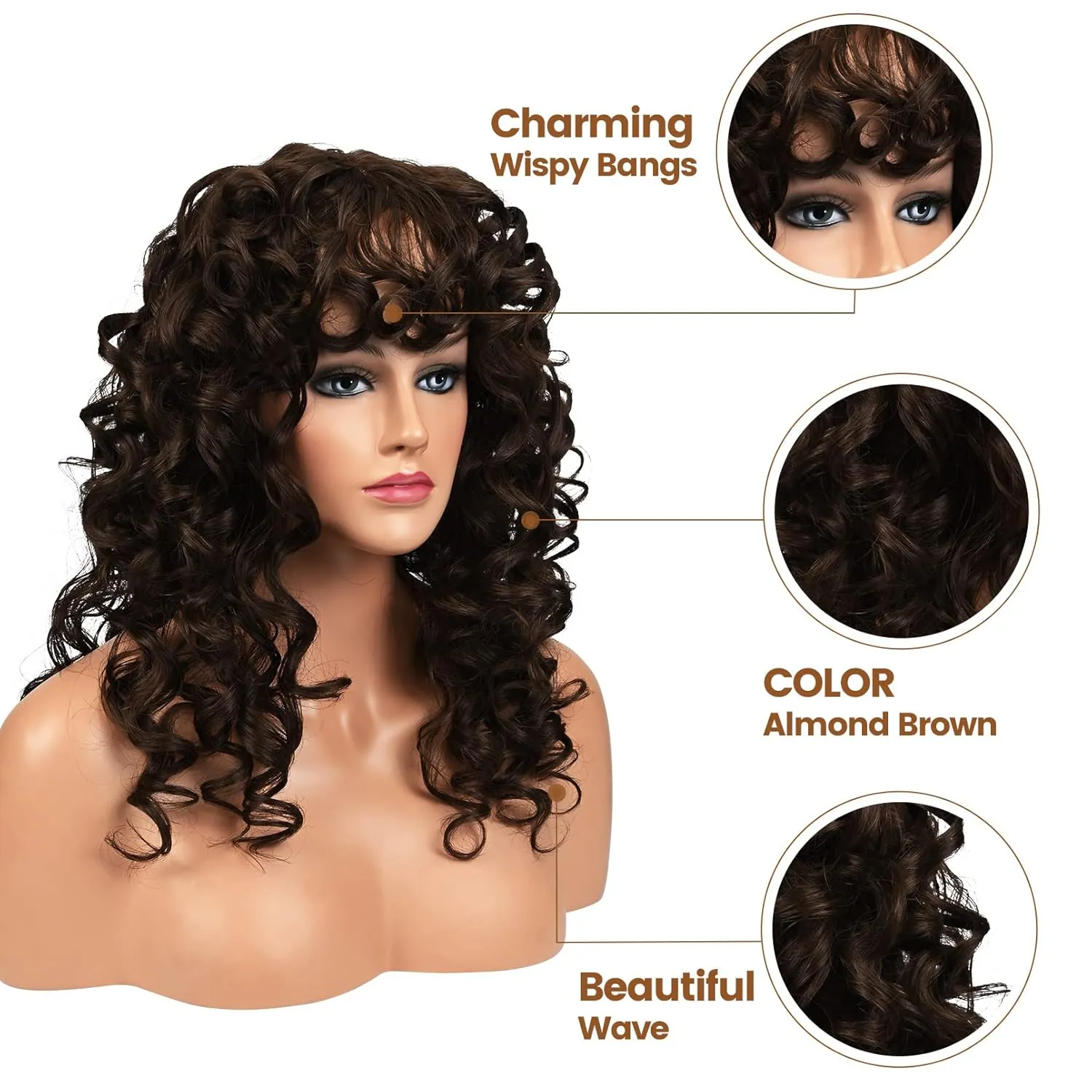 Flufymooz Curly Wig with Bangs for Black Women, 20 Inch Walnut Brown Curly Gorgeous Shag Hair Wig, Kinky Curls with Wispy Bangs Synthetic Wig for Women Party Cosplay