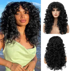 Flufymooz Curly Wig with Bangs for Women, 20 Inch Natural Black Curly Shag Hair Wig, Kinky Curls with Wispy Bangs Heat Resistant Synthetic Wig for Women（Natural Black）