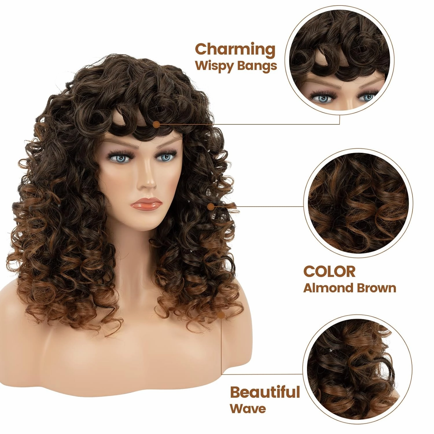 Flufymooz Curly Wig with Bangs for Black Women, 20 Inch Almond Brown Curly Gorgeous Shag Hair Wig, Kinky Curls with Wispy Bangs Heat Resistant Soft Synthetic Wig for Women Party Cosplay