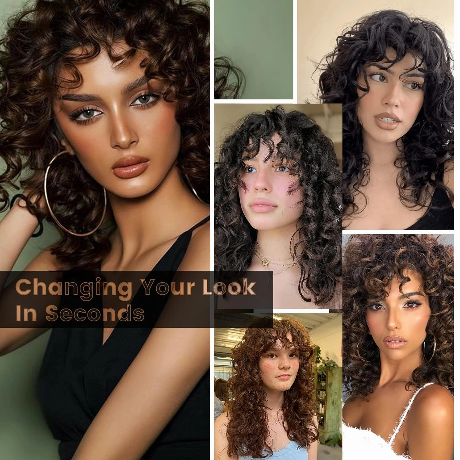 Flufymooz Curly Wig with Bangs for Black Women, 20 Inch Almond Brown Curly Gorgeous Shag Hair Wig, Kinky Curls with Wispy Bangs Heat Resistant Soft Synthetic Wig for Women Party Cosplay