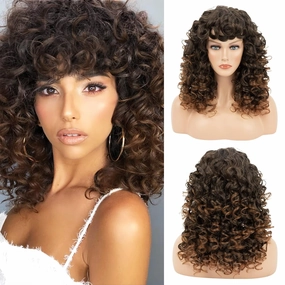 Flufymooz Curly Wig with Bangs for Black Women, 20 Inch Almond Brown Curly Gorgeous Shag Hair Wig, Kinky Curls with Wispy Bangs Heat Resistant Soft Synthetic Wig for Women Party Cosplay
