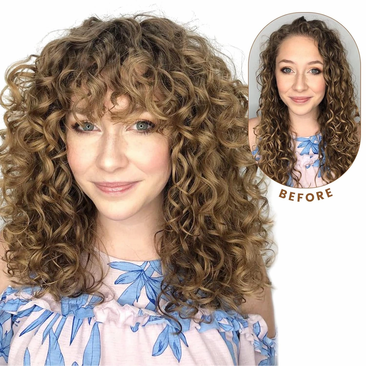 Flufymooz Curly Wig with Bangs for Black Women, 20 Inch Almond Brown Curly Gorgeous Shag Hair Wig, Kinky Curls with Wispy Bangs Heat Resistant Soft Synthetic Wig for Women Party Cosplay