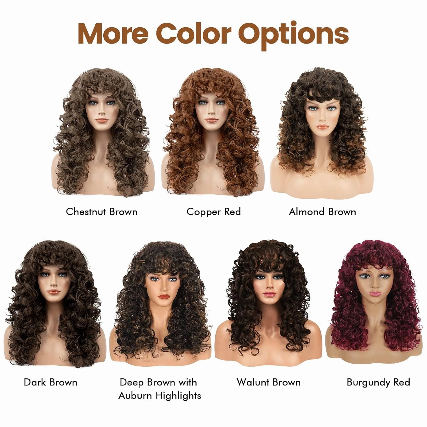 Flufymooz Curly Wig with Bangs for Black Women, 20 Inch Almond Brown Curly Gorgeous Shag Hair Wig, Kinky Curls with Wispy Bangs Heat Resistant Soft Synthetic Wig for Women Party Cosplay