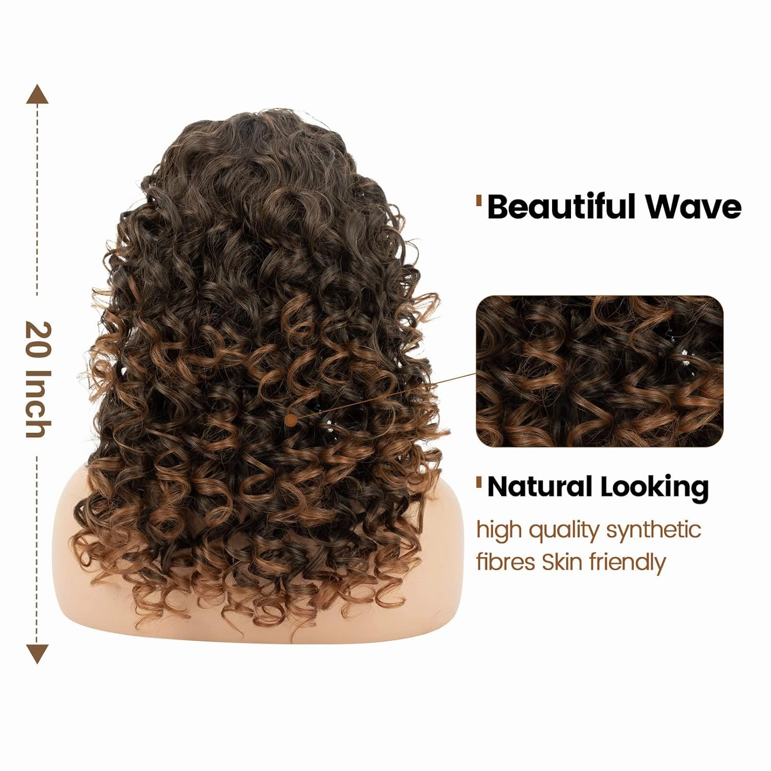 Flufymooz Curly Wig with Bangs for Black Women, 20 Inch Almond Brown Curly Gorgeous Shag Hair Wig, Kinky Curls with Wispy Bangs Heat Resistant Soft Synthetic Wig for Women Party Cosplay