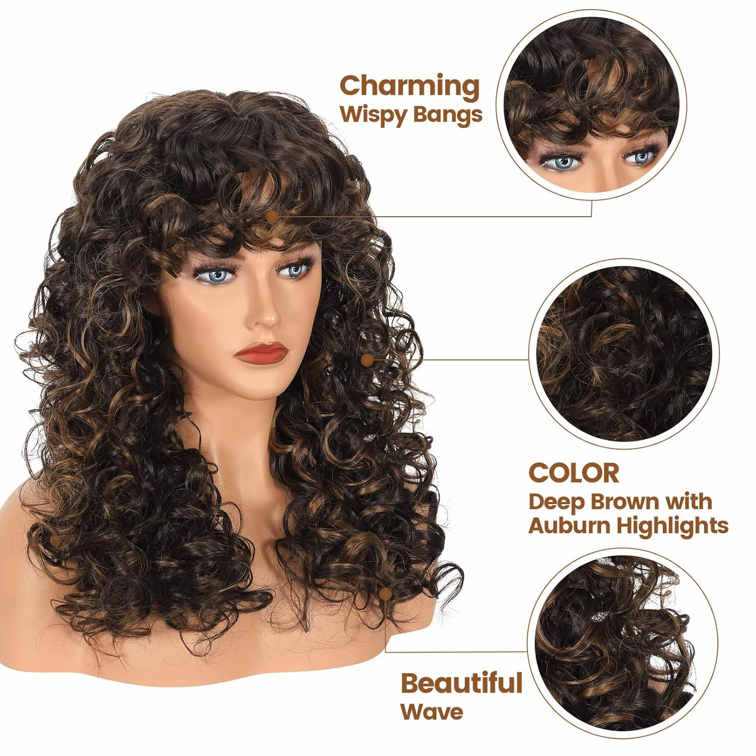 Flufymooz Curly Wig with Bangs for Black Women, 20 Inch Deep Brown with Auburn Curly Gorgeous Shag Hair Wig, Kinky Curls with Wispy Bangs Heat Resistant Soft Synthetic Wig for Women Party Cosplay
