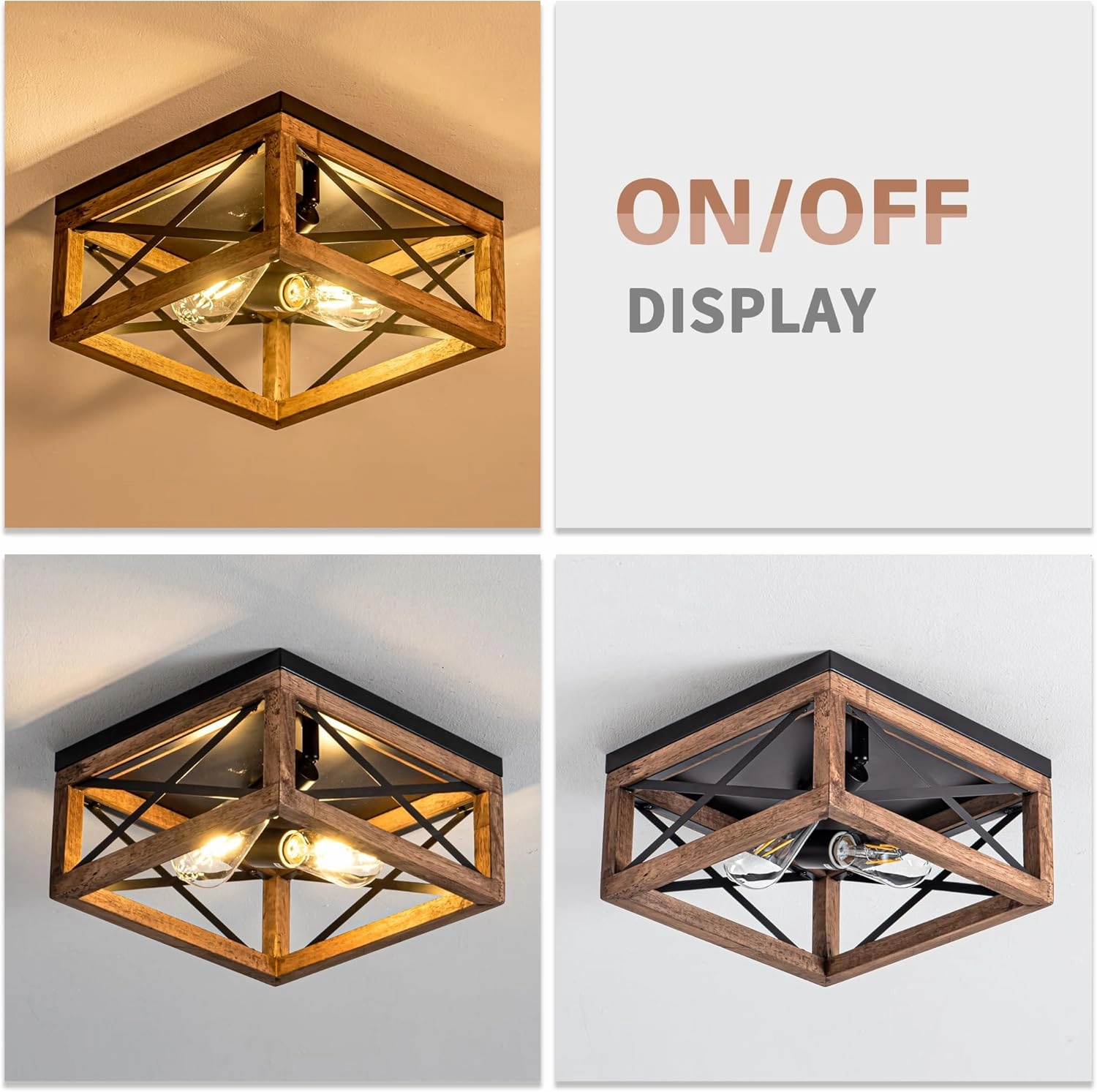 Flush Mount Ceiling Light Fixture for Kitchen Hallway, 2-Light Close to Ceiling Light with Black Metal and Wood Design, Rustic Farmhouse Ceiling (Bulb not Included)