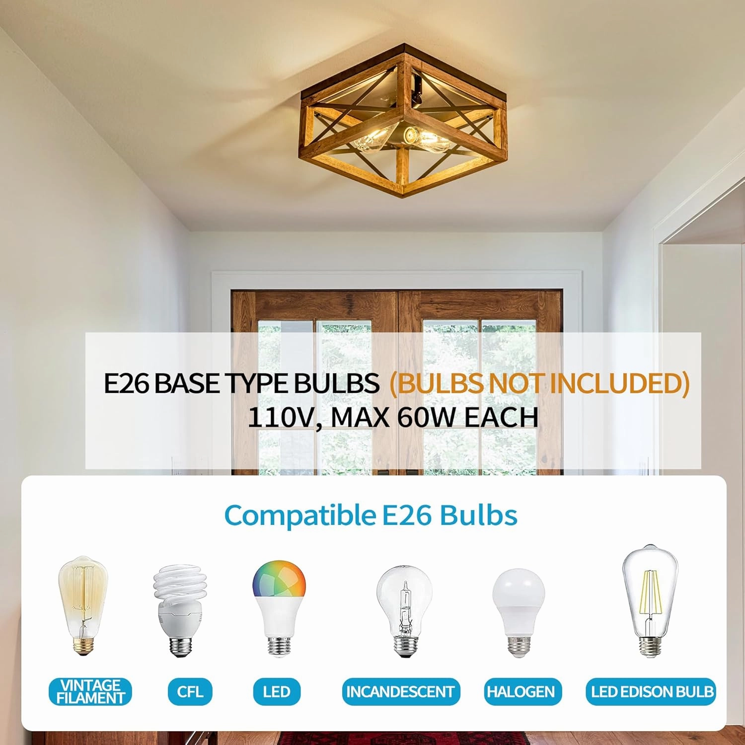 Flush Mount Ceiling Light Fixture for Kitchen Hallway, 2-Light Close to Ceiling Light with Black Metal and Wood Design, Rustic Farmhouse Ceiling (Bulb not Included)