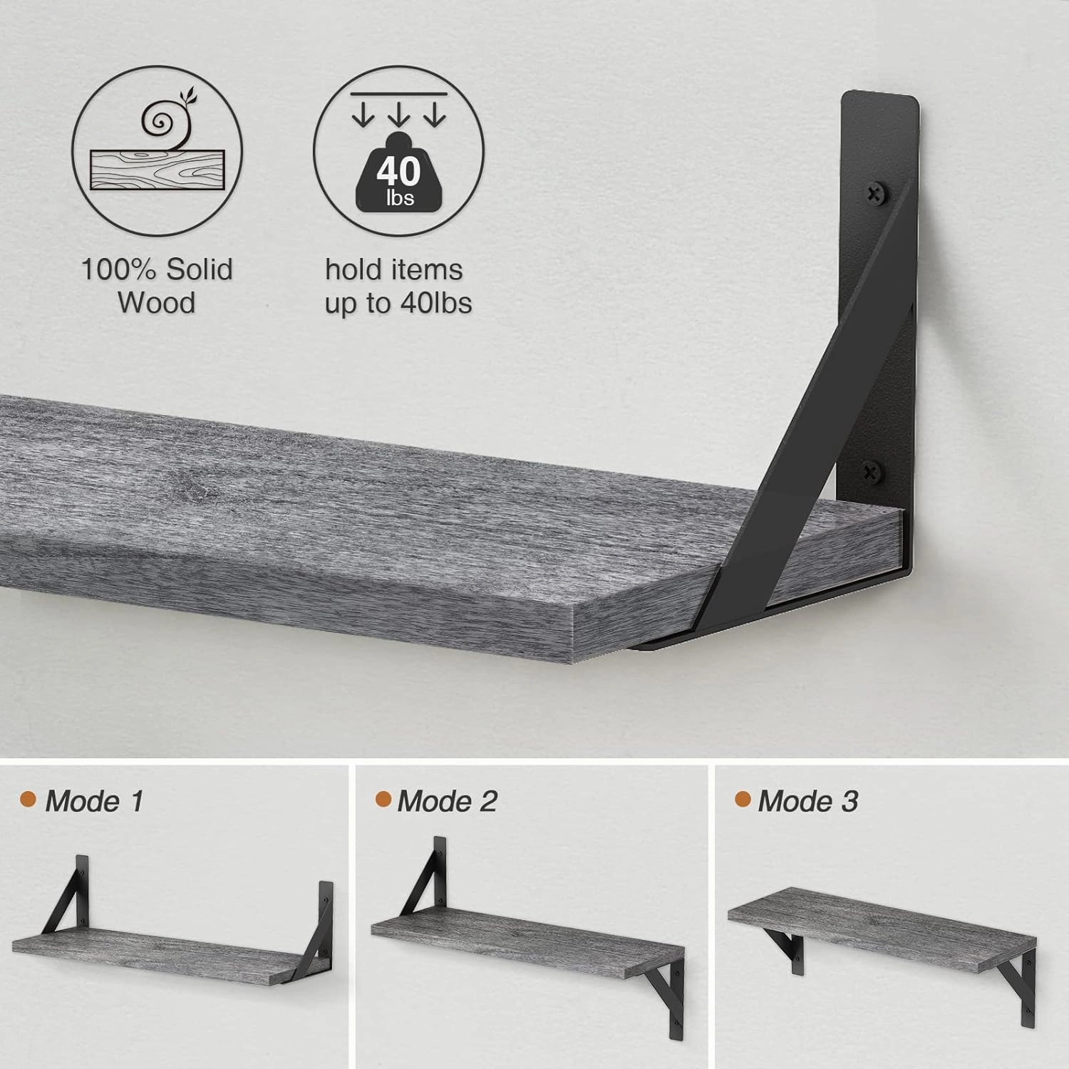 Forbena Gray Floating Shelves Wall Mounted Bookshelf Set of 3, 24 Inches Long 8 Inch Deep Wall Shelves for Bedroom, Bathroom, Living Room, Laundry Room, Kitchen, Office, Closet (Rustic Grey)