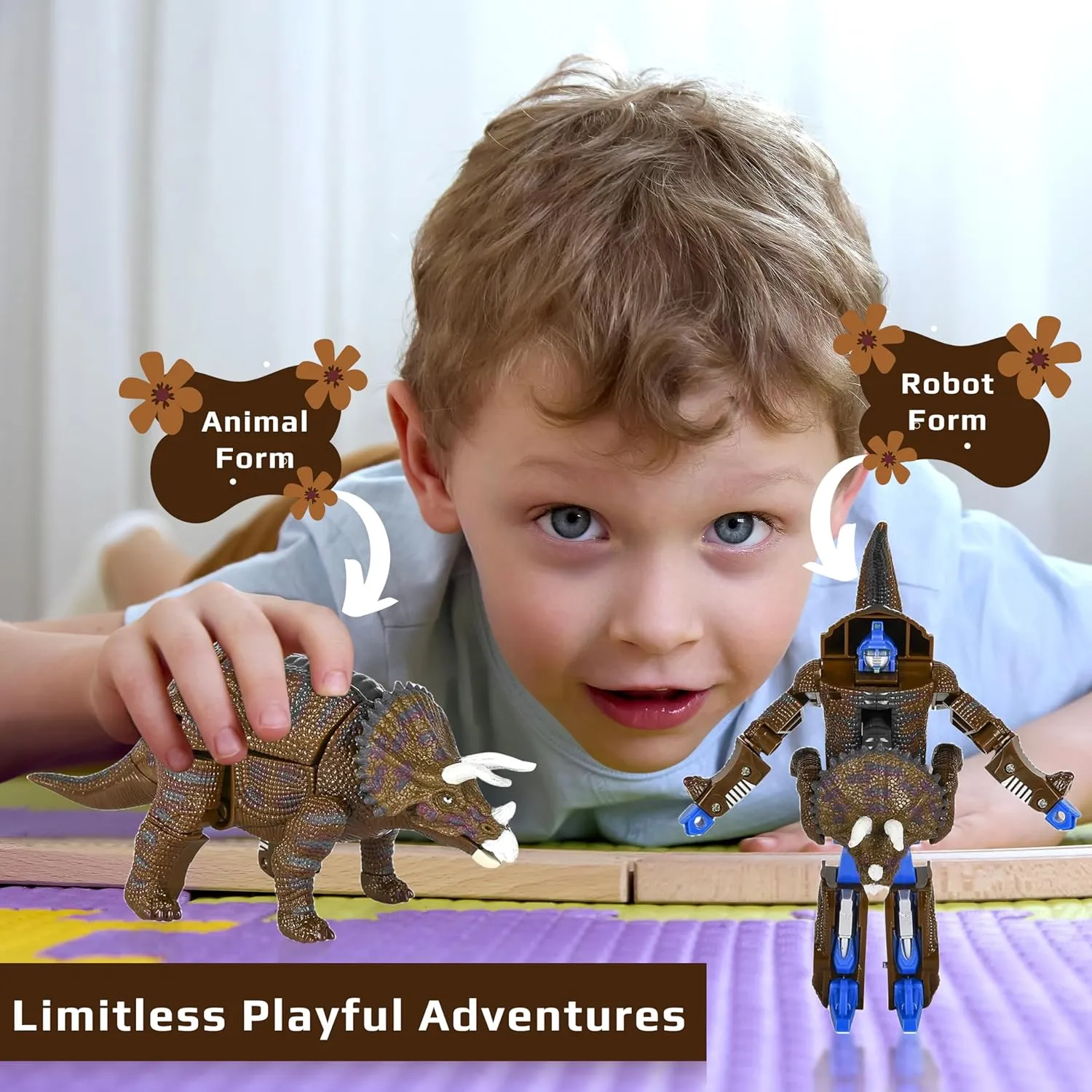 Forest & Twelfth Triceratops Dinosaur Animal Toy Small – Transforming Action Figure – Changes from Detailed Animal to Unique Robot Toy in Seconds – Great Gift for Both Girls and Boys (4" Triceratops)