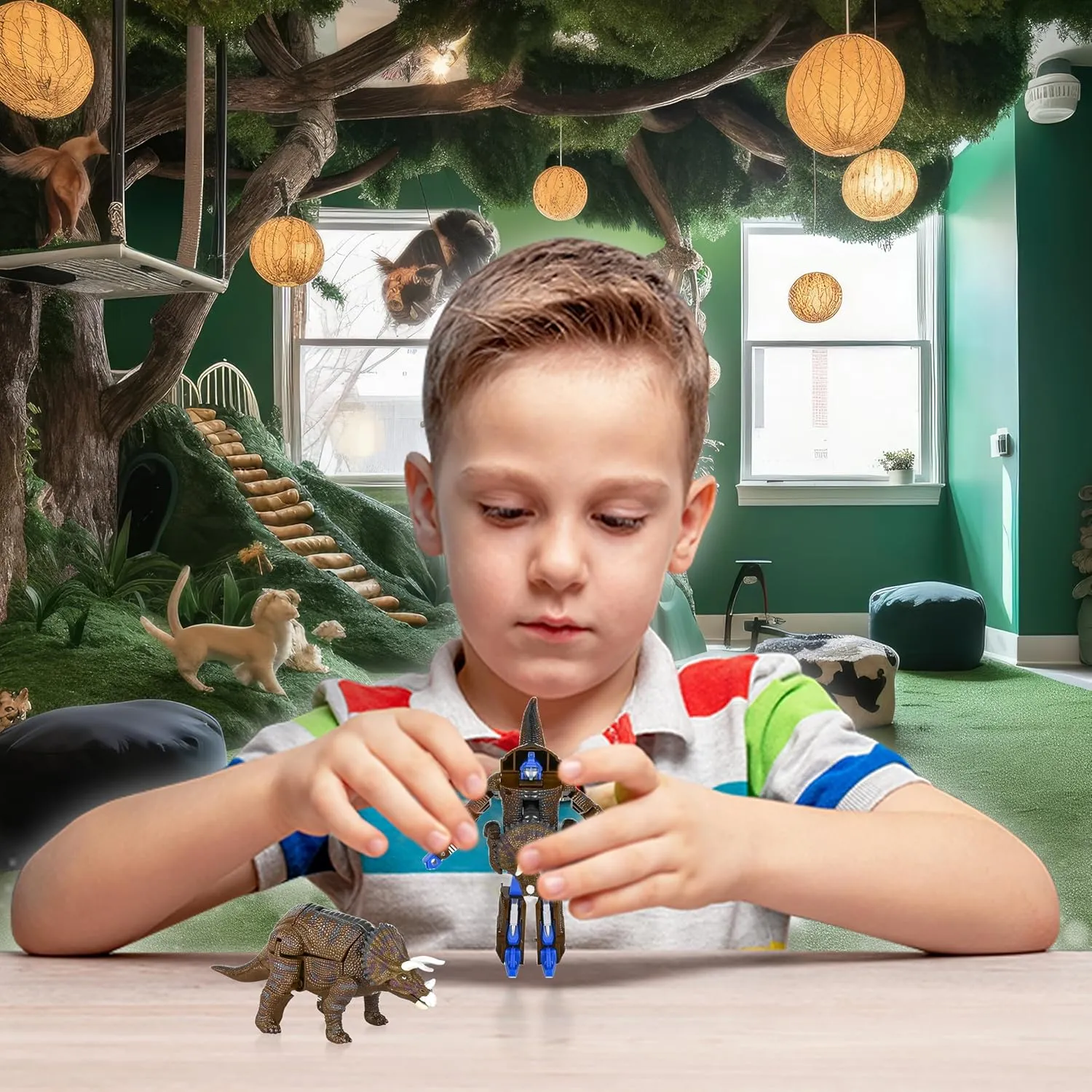 Forest & Twelfth Triceratops Dinosaur Animal Toy Small – Transforming Action Figure – Changes from Detailed Animal to Unique Robot Toy in Seconds – Great Gift for Both Girls and Boys (4" Triceratops)