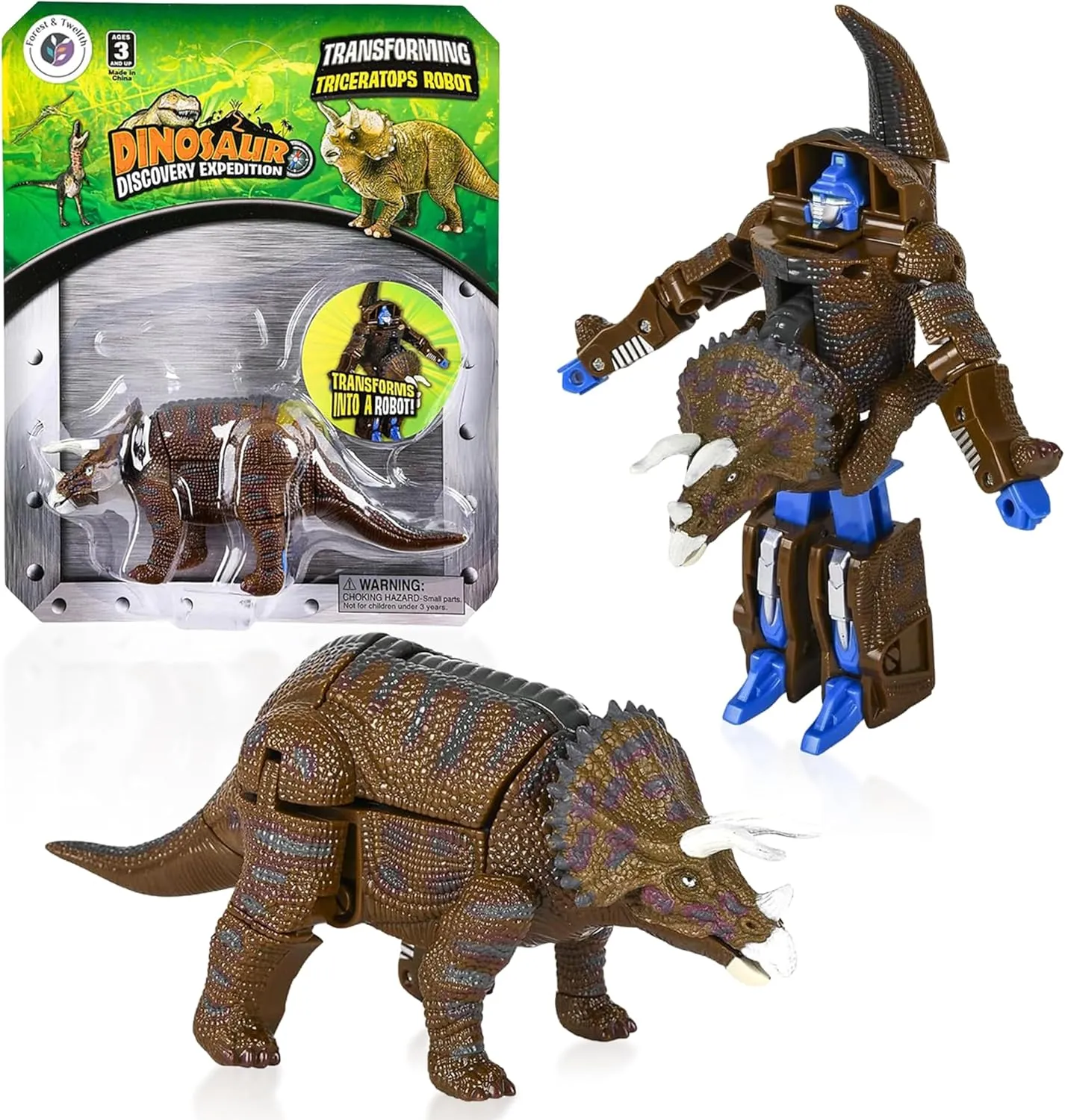 Forest & Twelfth Triceratops Dinosaur Animal Toy Small – Transforming Action Figure – Changes from Detailed Animal to Unique Robot Toy in Seconds – Great Gift for Both Girls and Boys (4" Triceratops)