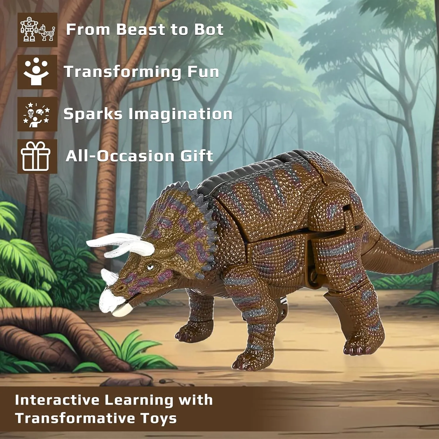 Forest & Twelfth Triceratops Dinosaur Animal Toy Small – Transforming Action Figure – Changes from Detailed Animal to Unique Robot Toy in Seconds – Great Gift for Both Girls and Boys (4" Triceratops)
