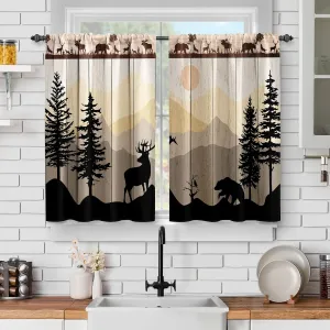 Forest Animal Cabin Kitchen Curtains: Sunset Country Bear Deer Nature Printed Short Cafe Curtain for Dining Room Tier Curtains Farmhouse Decor Rod Pocket Window Drapes 30Inch Length 2 Panels Set