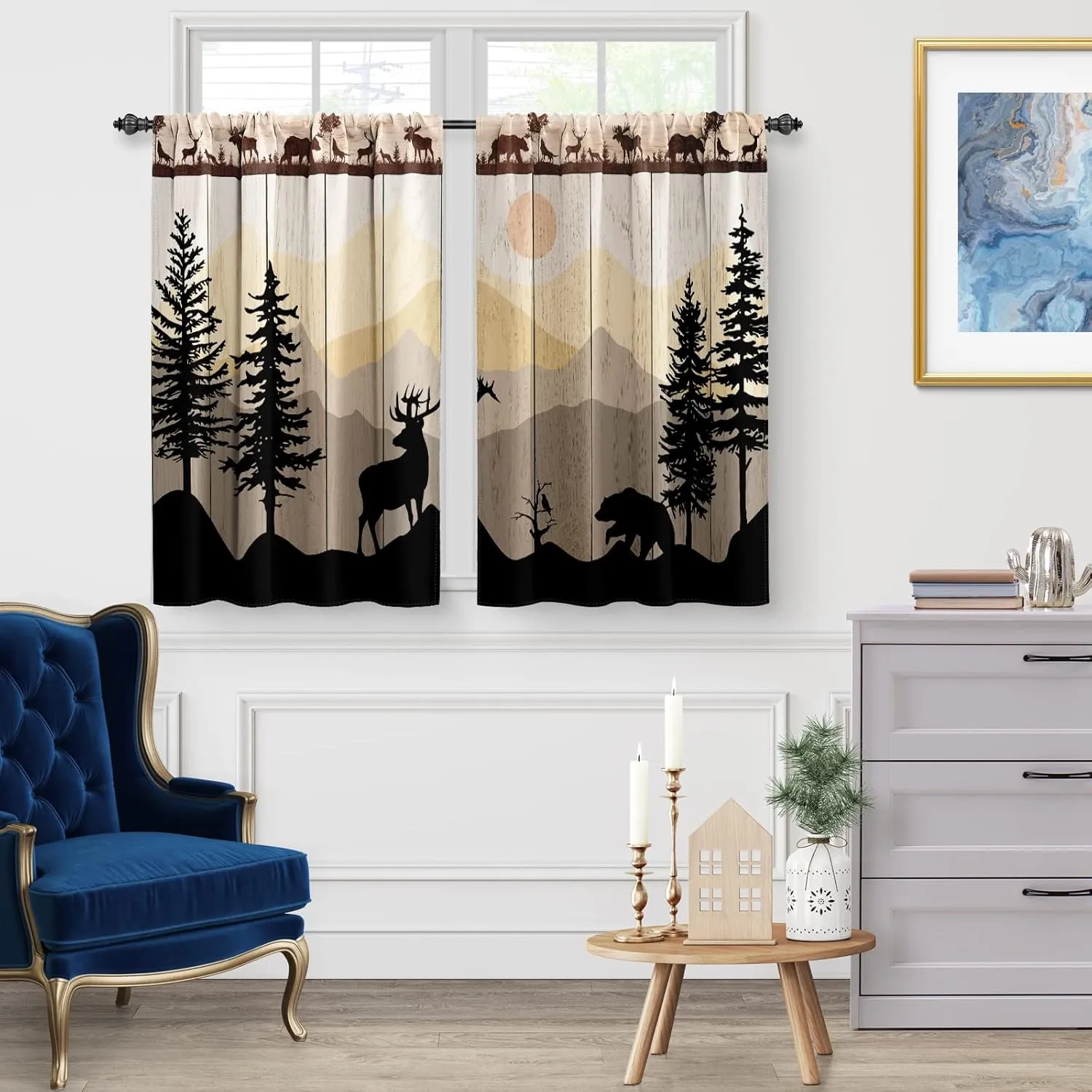 Forest Animal Cabin Kitchen Curtains: Sunset Country Bear Deer Nature Printed Short Cafe Curtain for Dining Room Tier Curtains Farmhouse Decor Rod Pocket Window Drapes 30Inch Length 2 Panels Set