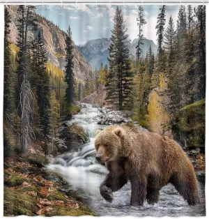Forest Bear Shower Curtain, Misty Mountains Wildlife Farm Rustic National Park Jungle Rainforest Stream River Rock Natural Landscape Fabric Bathroom Decor Curtain with Hook, 69x70