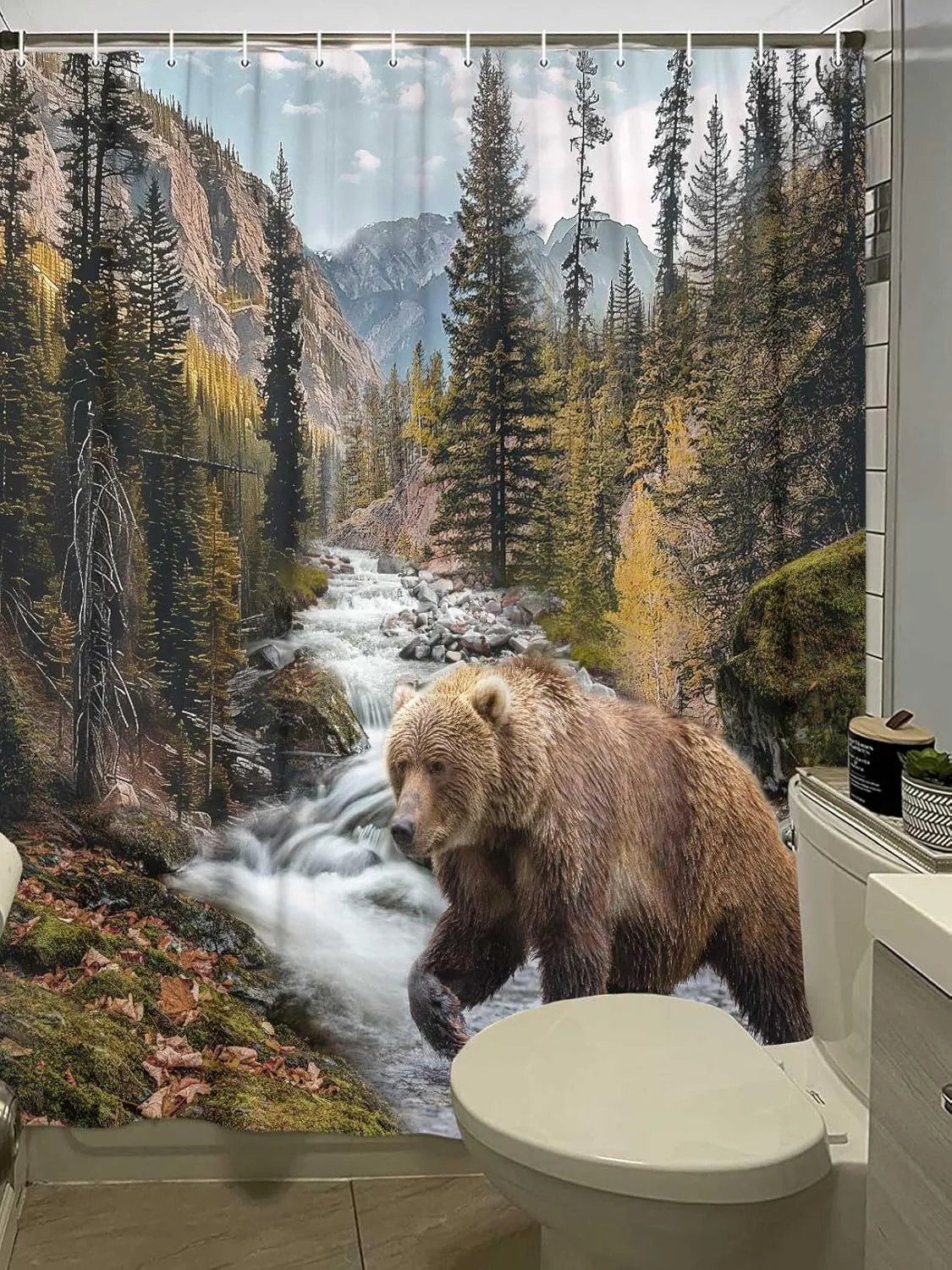 Forest Bear Shower Curtain, Misty Mountains Wildlife Farm Rustic National Park Jungle Rainforest Stream River Rock Natural Landscape Fabric Bathroom Decor Curtain with Hook, 69x70