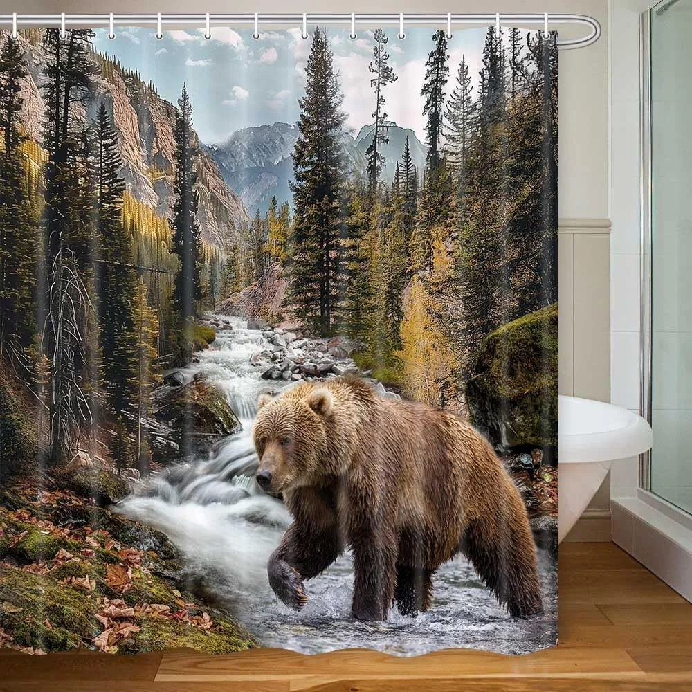 Forest Bear Shower Curtain, Misty Mountains Wildlife Farm Rustic National Park Jungle Rainforest Stream River Rock Natural Landscape Fabric Bathroom Decor Curtain with Hook, 69x70
