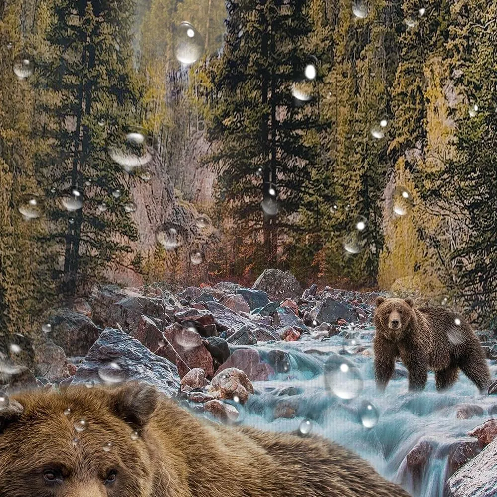 Forest Bear Shower Curtain, Misty Mountains Wildlife Farm Rustic National Park Jungle Rainforest Stream River Rock Natural Landscape Fabric Bathroom Decor Curtain with Hook