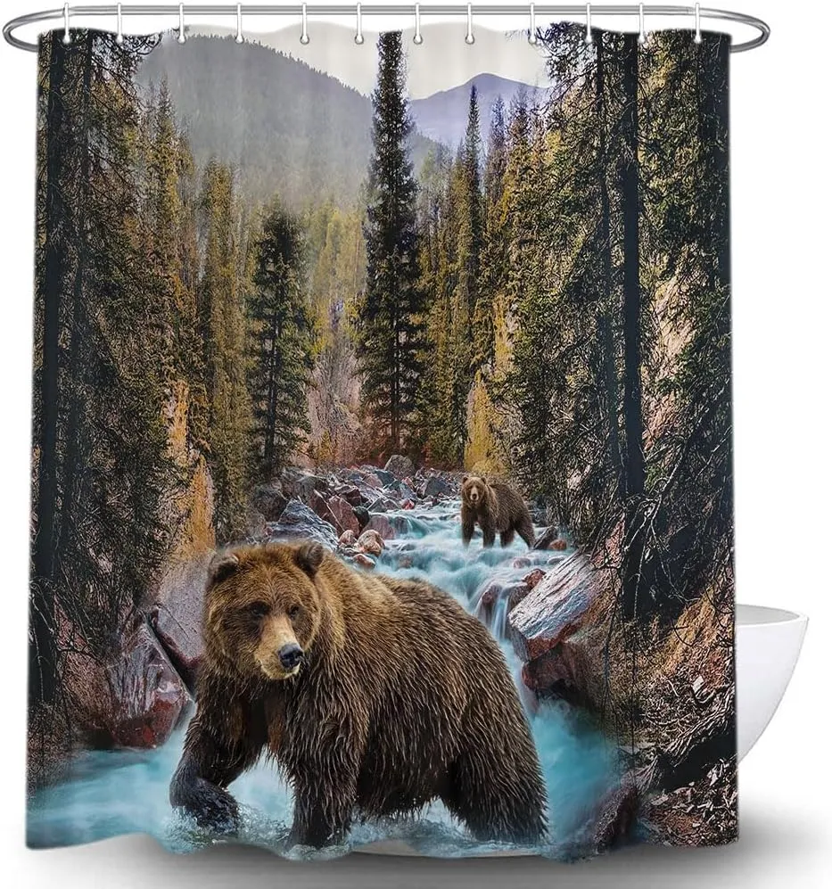 Forest Bear Shower Curtain, Misty Mountains Wildlife Farm Rustic National Park Jungle Rainforest Stream River Rock Natural Landscape Fabric Bathroom Decor Curtain with Hook
