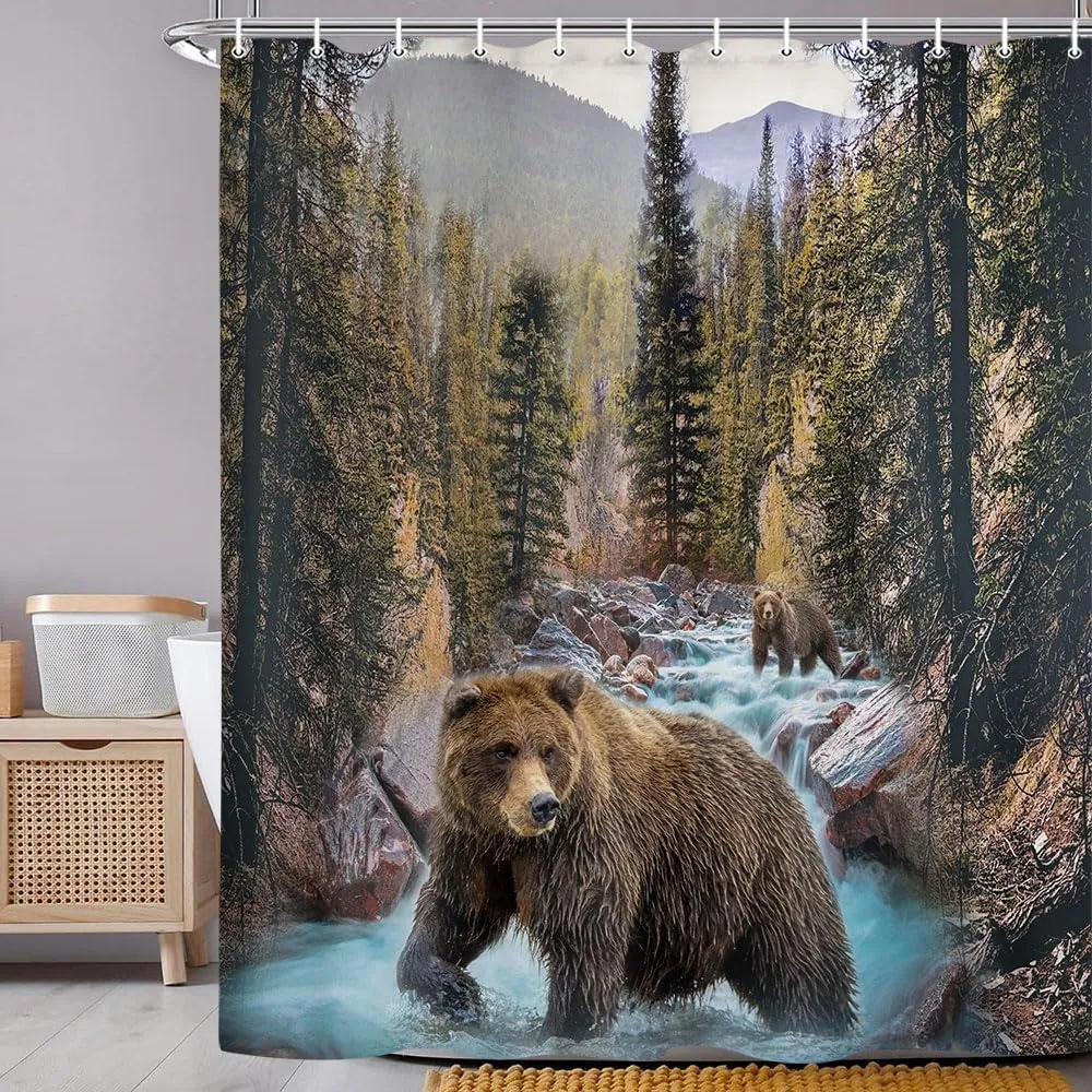 Forest Bear Shower Curtain, Misty Mountains Wildlife Farm Rustic National Park Jungle Rainforest Stream River Rock Natural Landscape Fabric Bathroom Decor Curtain with Hook