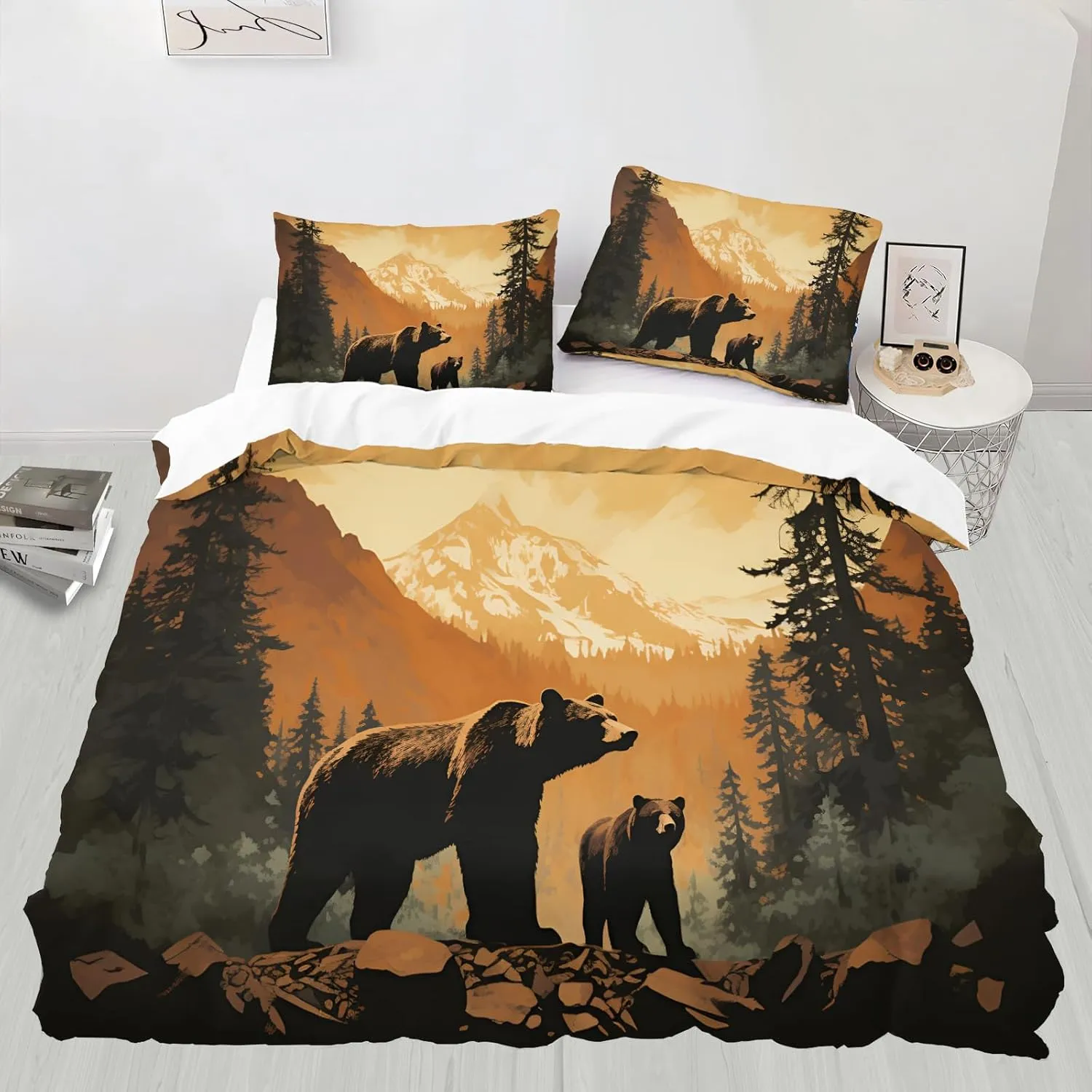 Forest Bear Themed Animals Bedding Set, Jungle Stream River Landscape Quilt Set 3Pcs, Super Soft Microfiber Patterned Comforter Cover for Bedroom