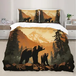 Forest Bear Themed Animals Bedding Set, Jungle Stream River Landscape Quilt Set 3Pcs, Super Soft Microfiber Patterned Comforter Cover for Bedroom