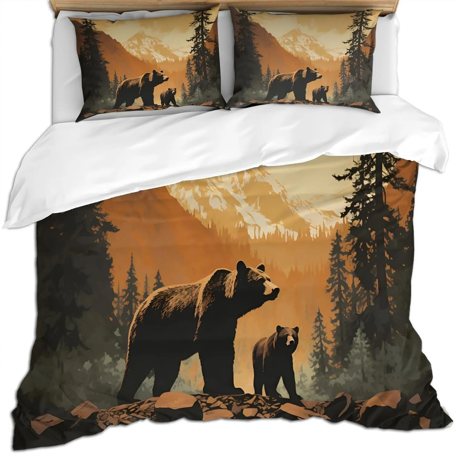 Forest Bear Themed Animals Bedding Set, Jungle Stream River Landscape Quilt Set 3Pcs, Super Soft Microfiber Patterned Comforter Cover for Bedroom