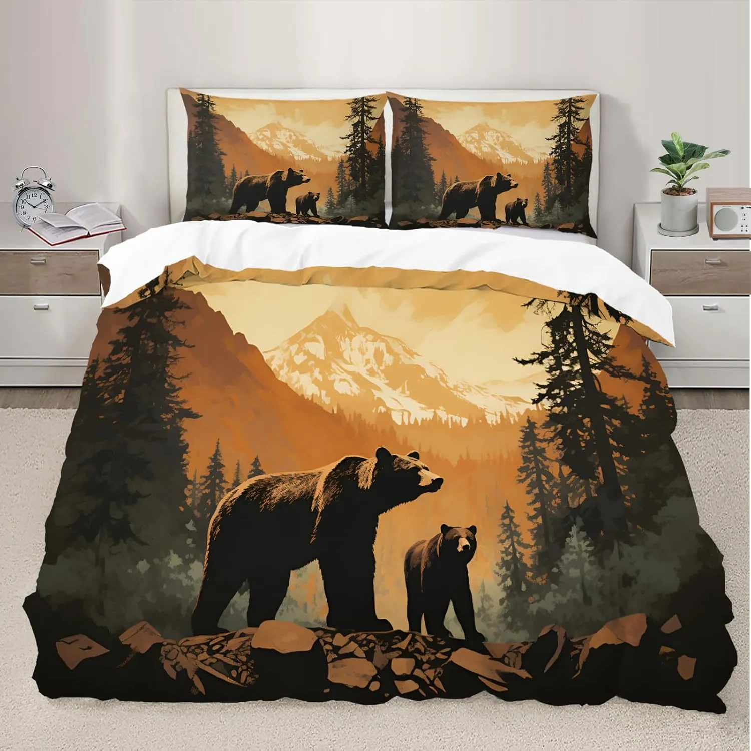 Forest Bear Themed Animals Bedding Set, Jungle Stream River Landscape Quilt Set 3Pcs, Super Soft Microfiber Patterned Comforter Cover for Bedroom