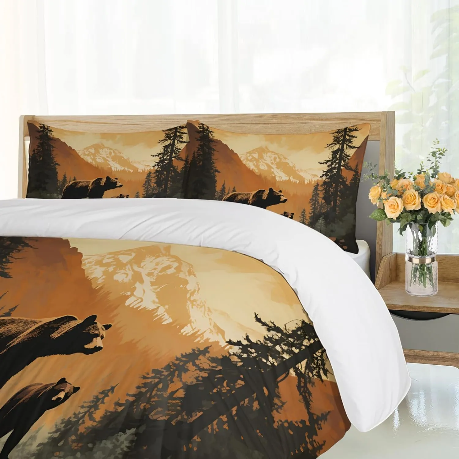 Forest Bear Themed Animals Bedding Set, Jungle Stream River Landscape Quilt Set 3Pcs, Super Soft Microfiber Patterned Comforter Cover for Bedroom