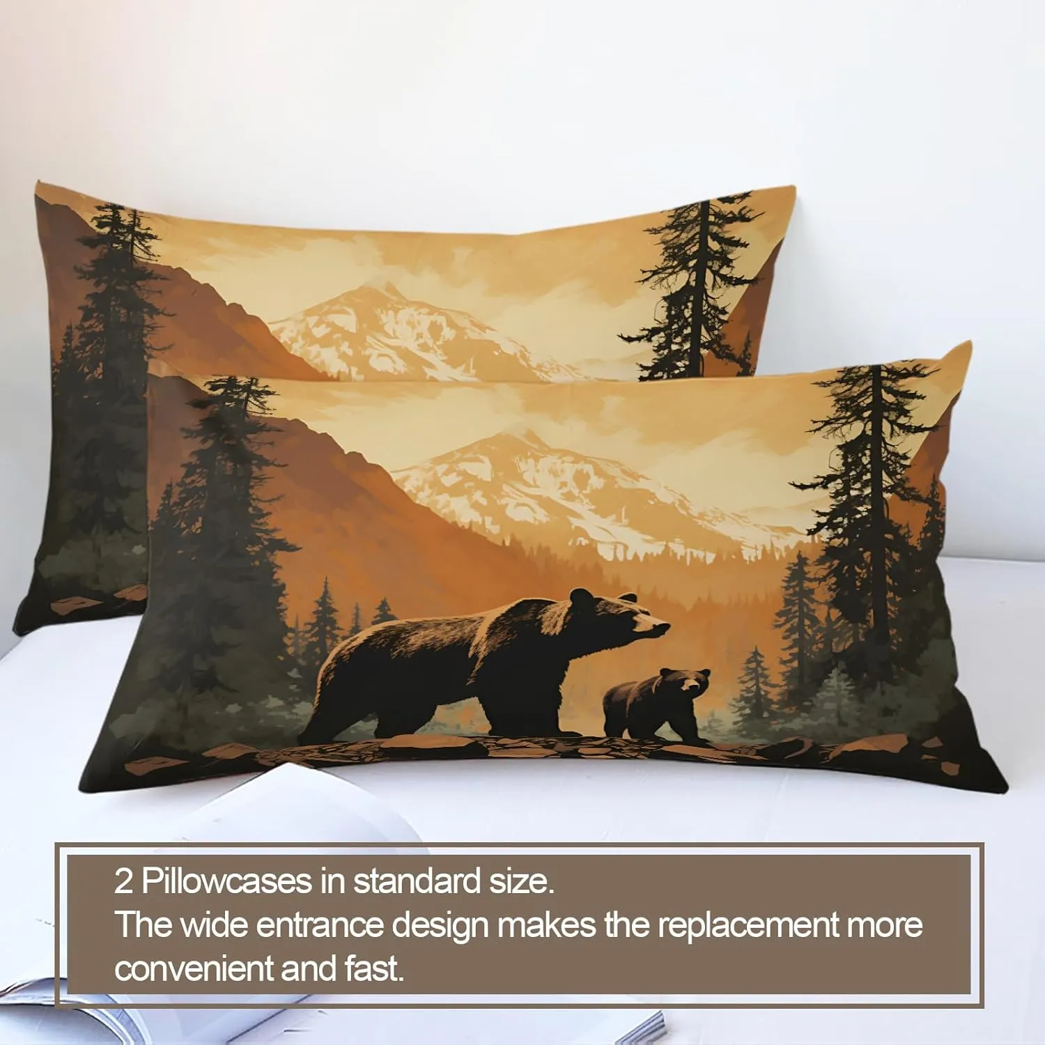 Forest Bear Themed Animals Bedding Set, Jungle Stream River Landscape Quilt Set 3Pcs, Super Soft Microfiber Patterned Comforter Cover for Bedroom