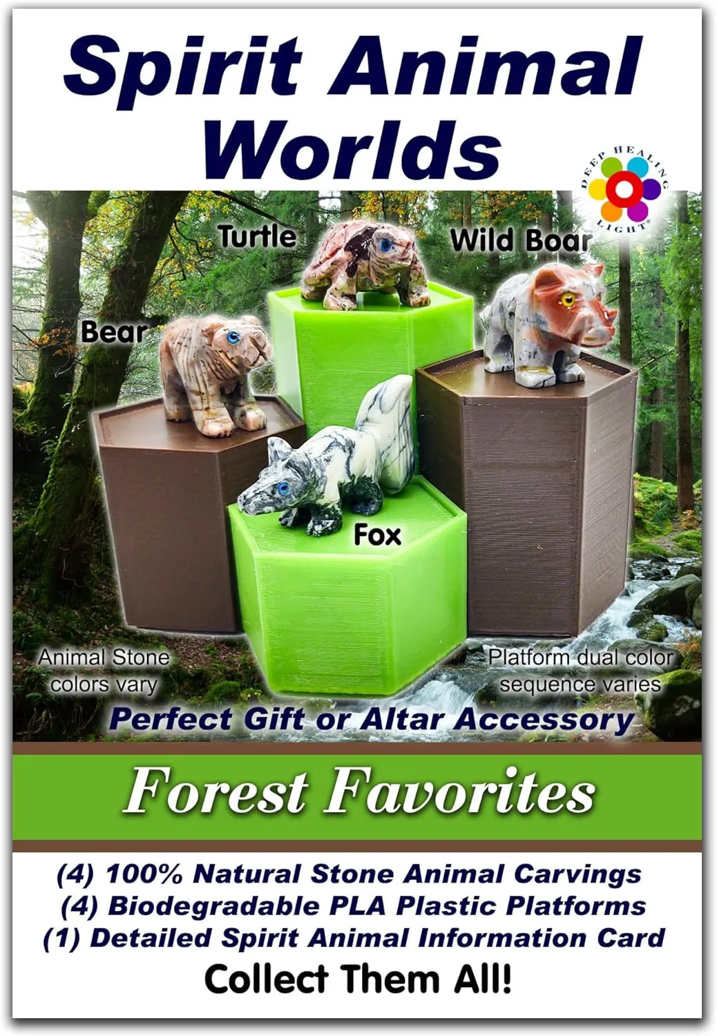 Forest Favorites - Spirit Animals Hand Carved Collections of Natural Dolomite Stone Totem Figurines of Bear, Turtle, Wild Boar, and Fox with Hexagon Display Stands for Meditation, Altars, and Fun
