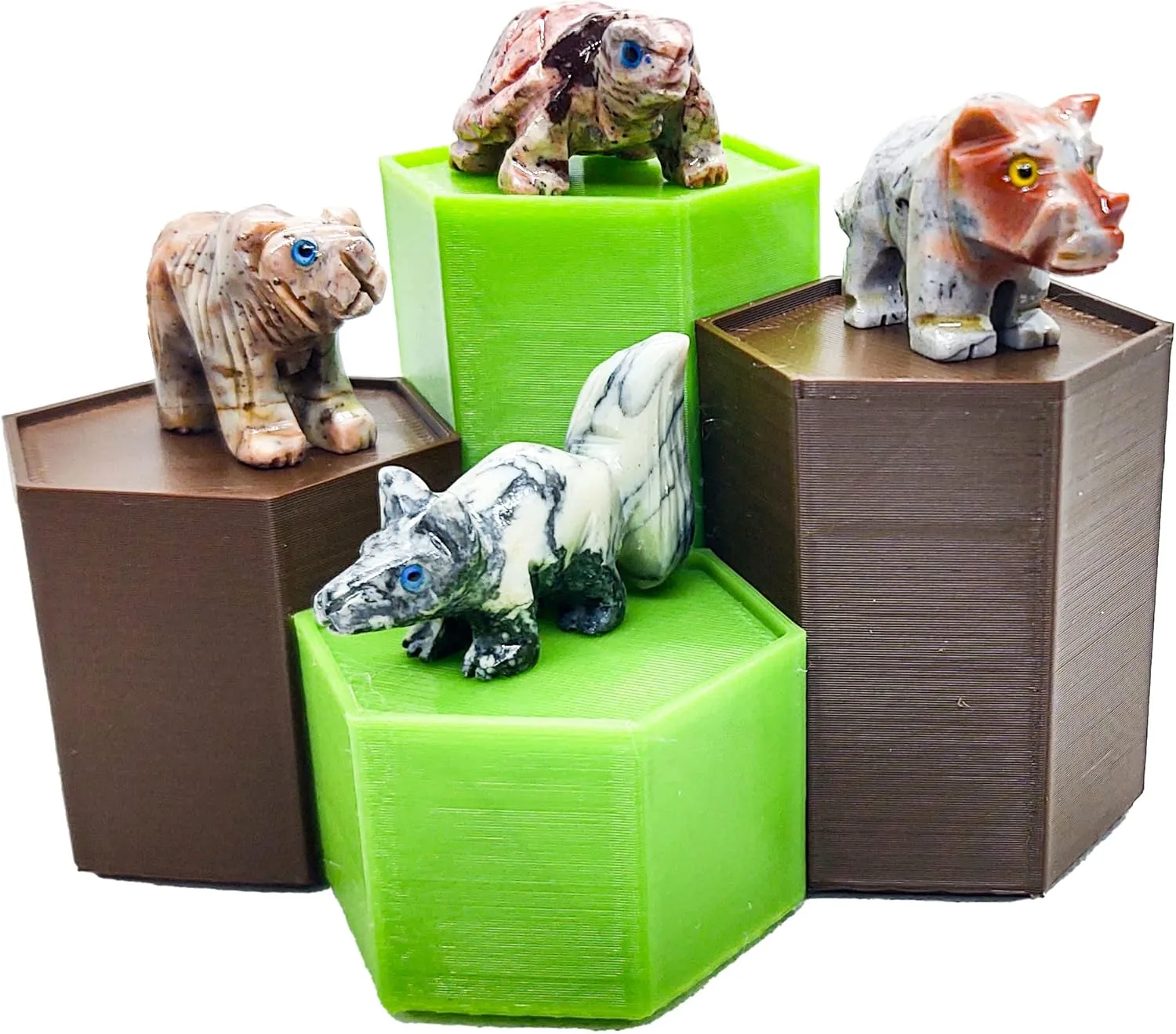 Forest Favorites - Spirit Animals Hand Carved Collections of Natural Dolomite Stone Totem Figurines of Bear, Turtle, Wild Boar, and Fox with Hexagon Display Stands for Meditation, Altars, and Fun