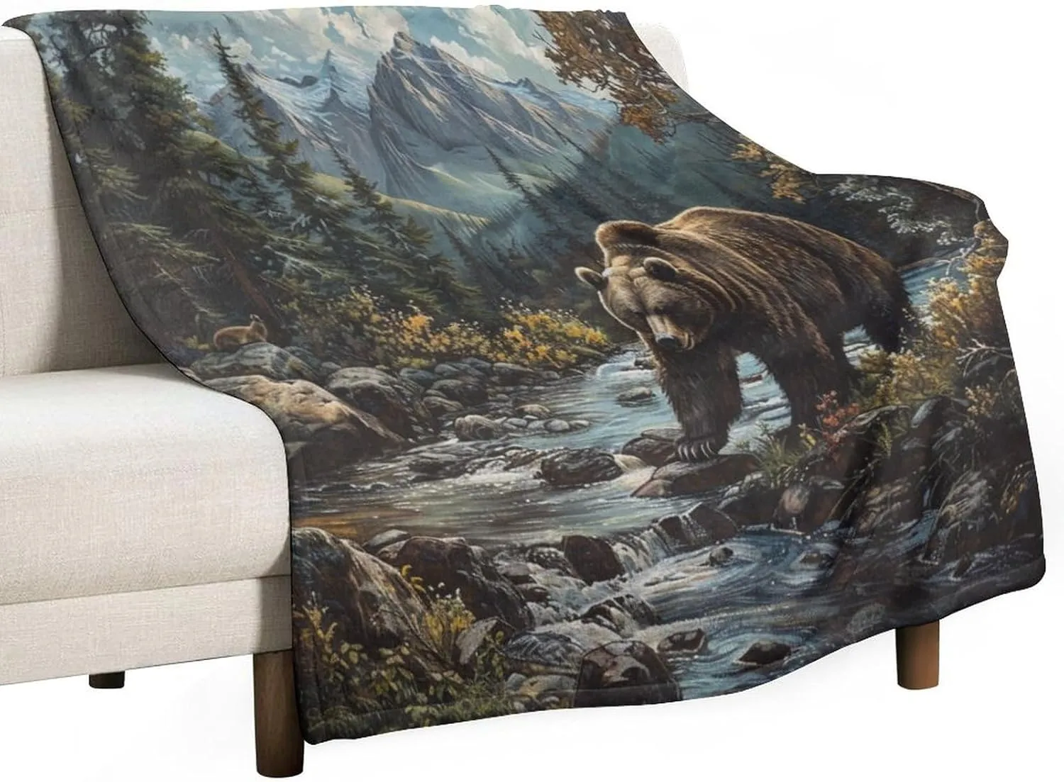 Forest Mountain Flannel Throw Blanket, Soft Cozy Warm Fleece Vintage Animal Bear Stream Jungle Blanket for Couch Sofa Bed, 50x70 Inch