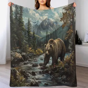 Forest Mountain Flannel Throw Blanket, Soft Cozy Warm Fleece Vintage Animal Bear Stream Jungle Blanket for Couch Sofa Bed, 50x70 Inch