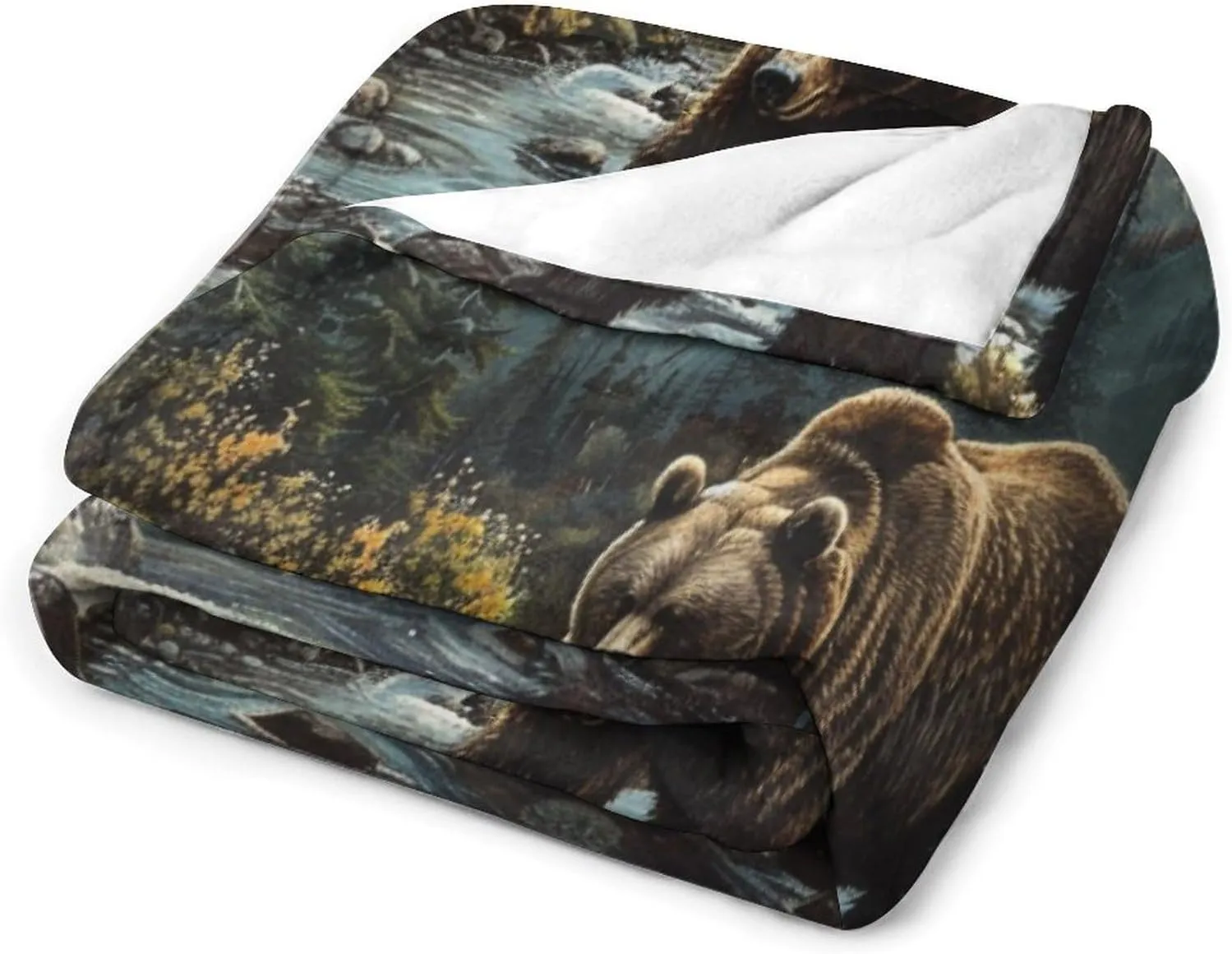 Forest Mountain Flannel Throw Blanket, Soft Cozy Warm Fleece Vintage Animal Bear Stream Jungle Blanket for Couch Sofa Bed, 50x70 Inch