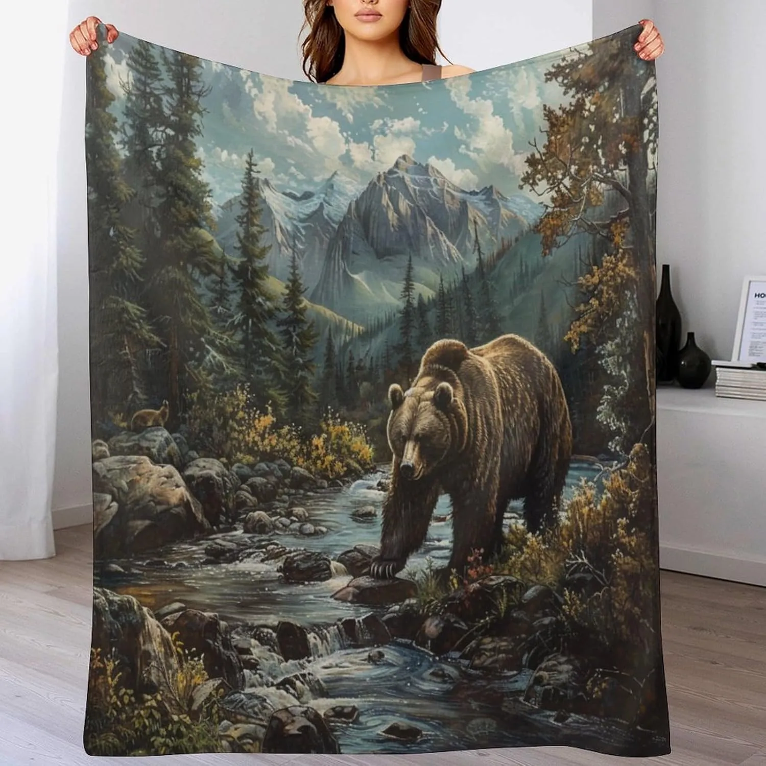 Forest Mountain Flannel Throw Blanket, Soft Cozy Warm Fleece Vintage Animal Bear Stream Jungle Blanket for Couch Sofa Bed, 50x70 Inch