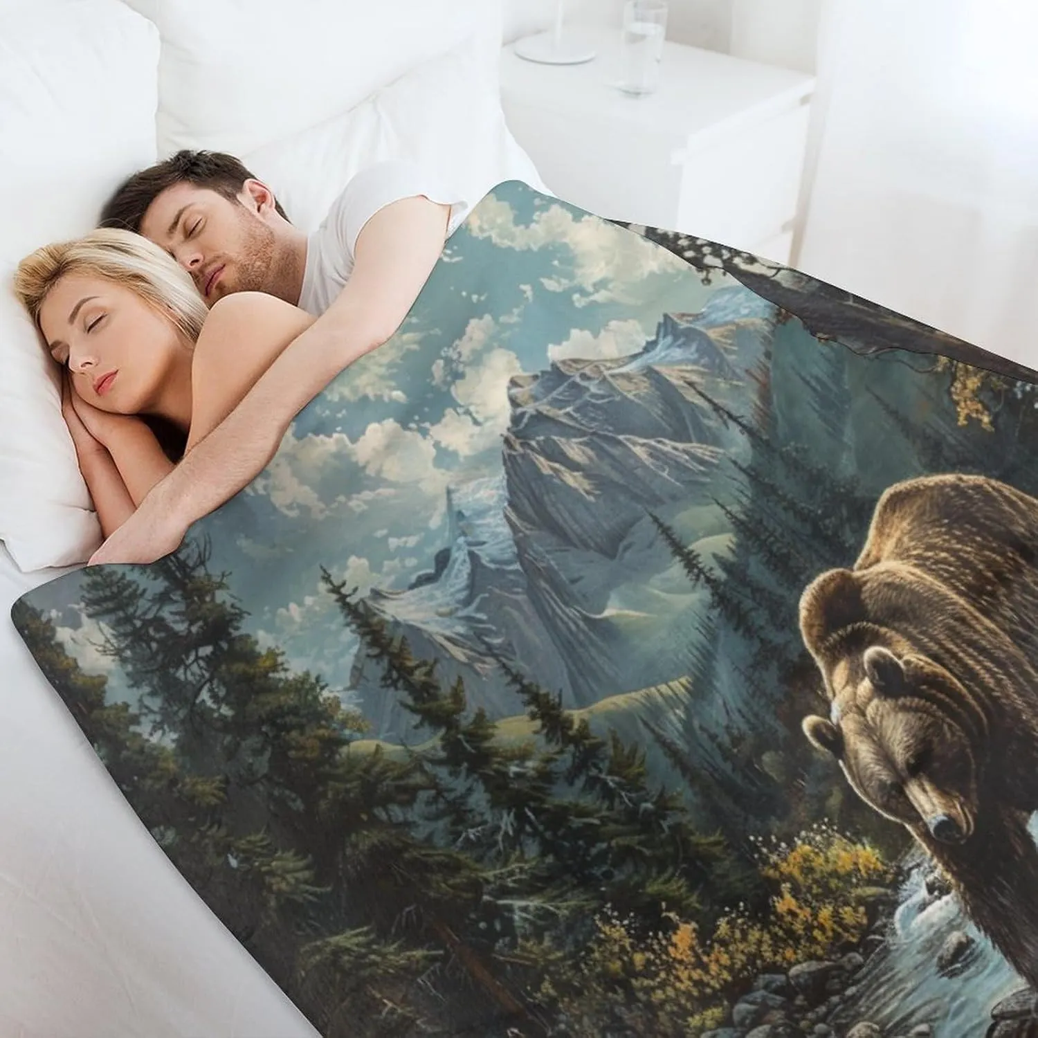 Forest Mountain Flannel Throw Blanket, Soft Cozy Warm Fleece Vintage Animal Bear Stream Jungle Blanket for Couch Sofa Bed, 50x70 Inch