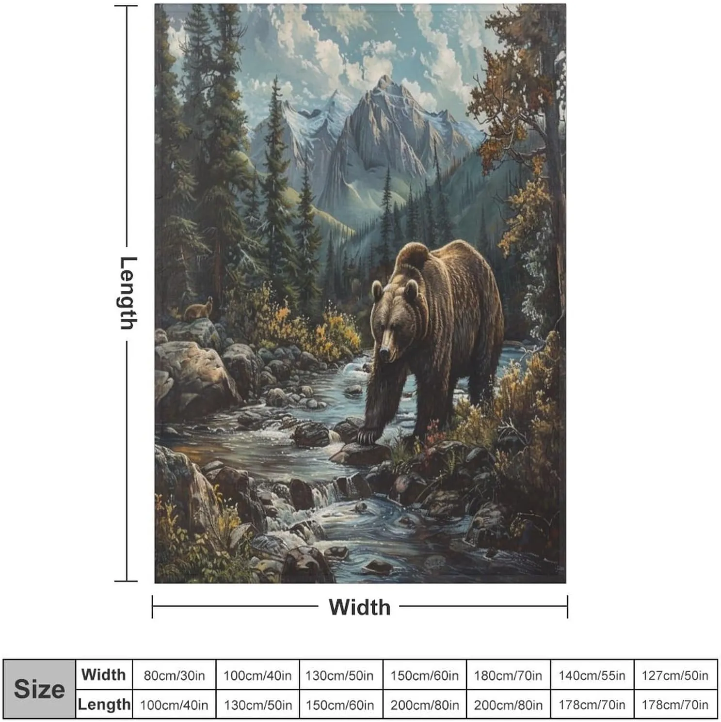 Forest Mountain Flannel Throw Blanket, Soft Cozy Warm Fleece Vintage Animal Bear Stream Jungle Blanket for Couch Sofa Bed, 50x70 Inch