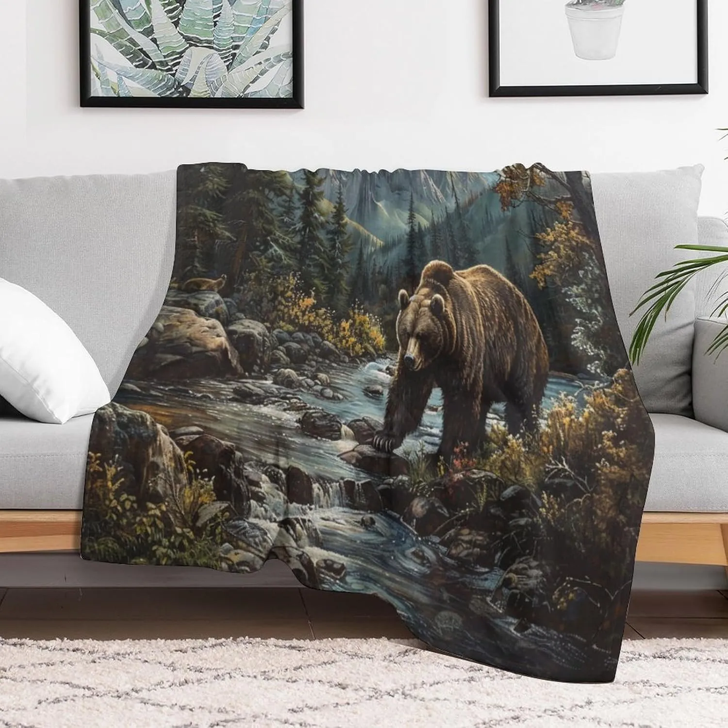 Forest Mountain Flannel Throw Blanket, Soft Cozy Warm Fleece Vintage Animal Bear Stream Jungle Blanket for Couch Sofa Bed, 50x70 Inch