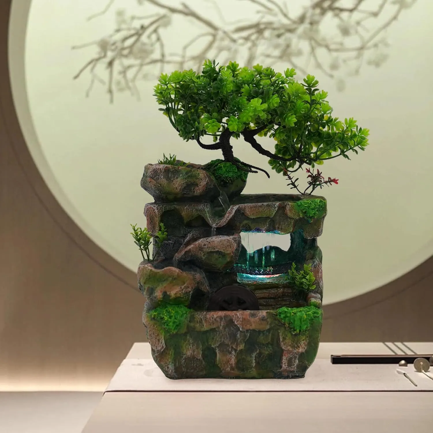Fountain Decorative Fountain Feng Shui Wheel Waterfall,Water Feature Led Fountain Lights Zen Meditation Indoor Waterfall Features Relaxing Water Features for Home Office Bedroom