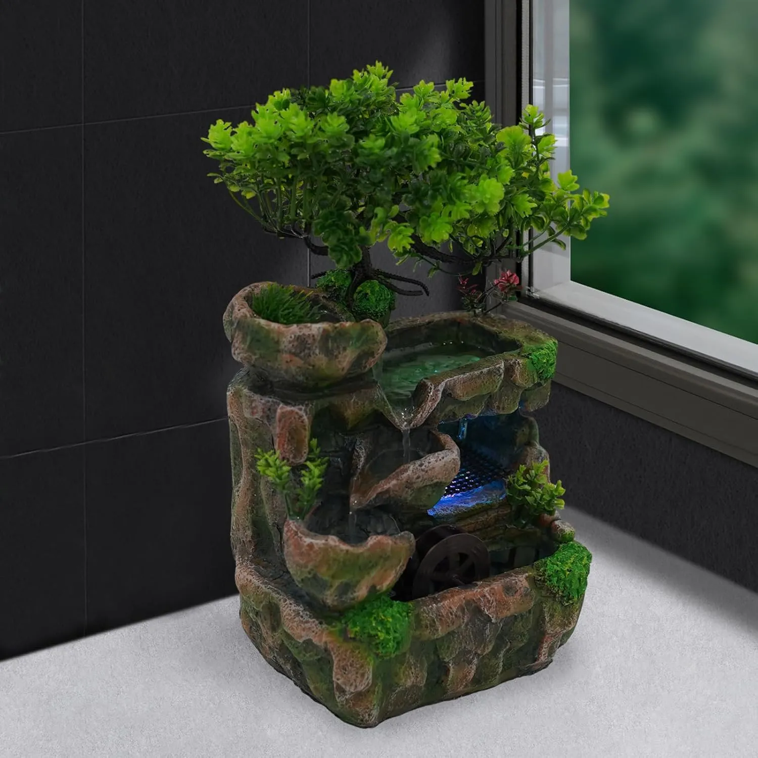 Fountain Decorative Fountain Feng Shui Wheel Waterfall,Water Feature Led Fountain Lights Zen Meditation Indoor Waterfall Features Relaxing Water Features for Home Office Bedroom